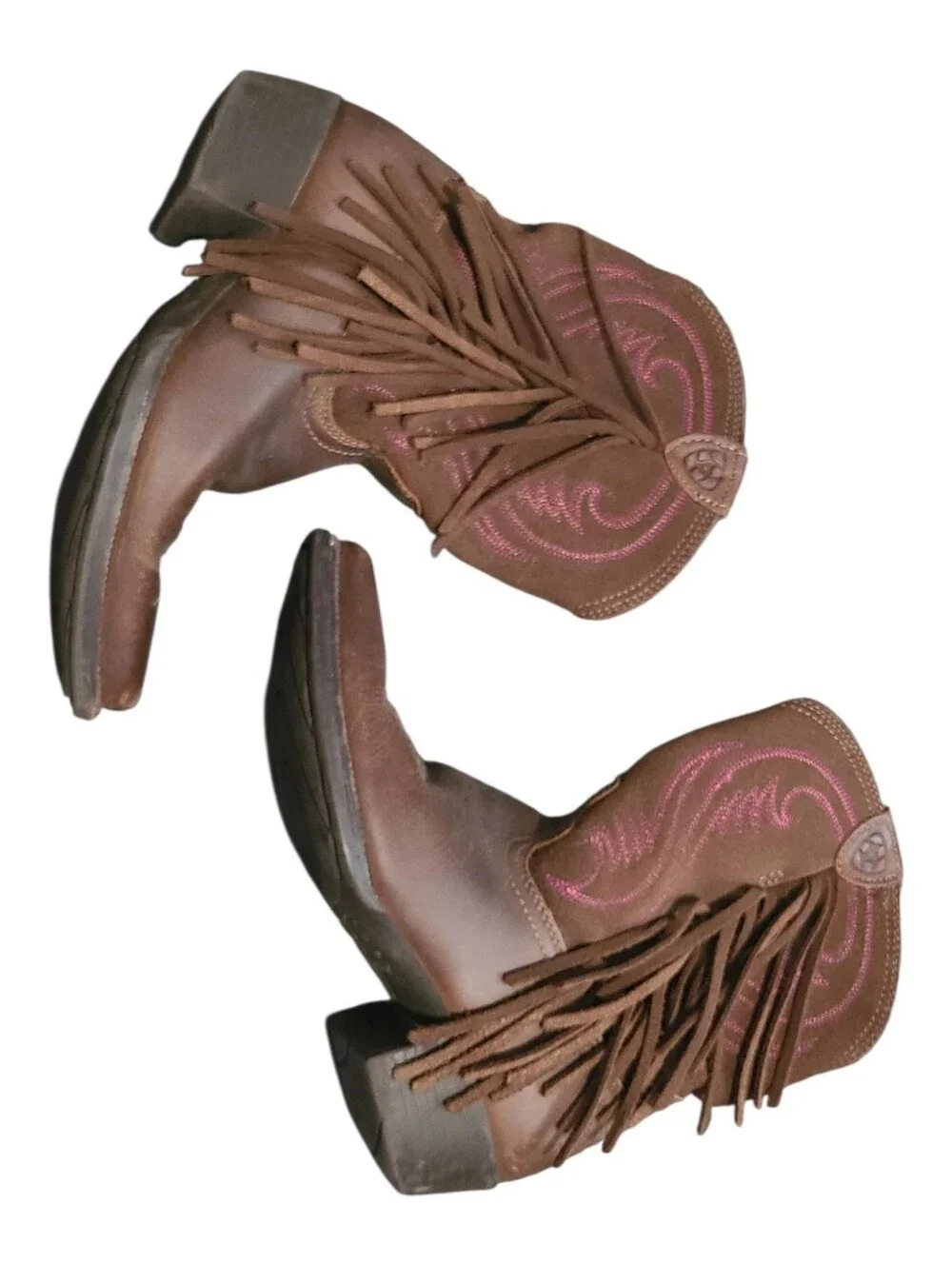 Girls Brown Leather Cowboy Boots with Fringe and Pink Stitching 13